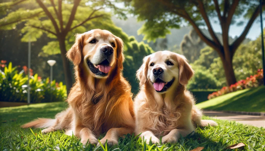 Un Golden Retriever macho y una Golden Retriever hembra sentados juntos en un parque verde y soleado. El macho tiene un pelaje dorado brillante y es un poco más grande, mientras que la hembra tiene un tono de pelaje ligeramente más claro y una expresión amigable. Ambos perros están relajados y felices, con lenguas afuera y colas moviéndose. Detrás de ellos hay árboles frondosos y flores de colores. La imagen transmite un ambiente cálido y alegre.
