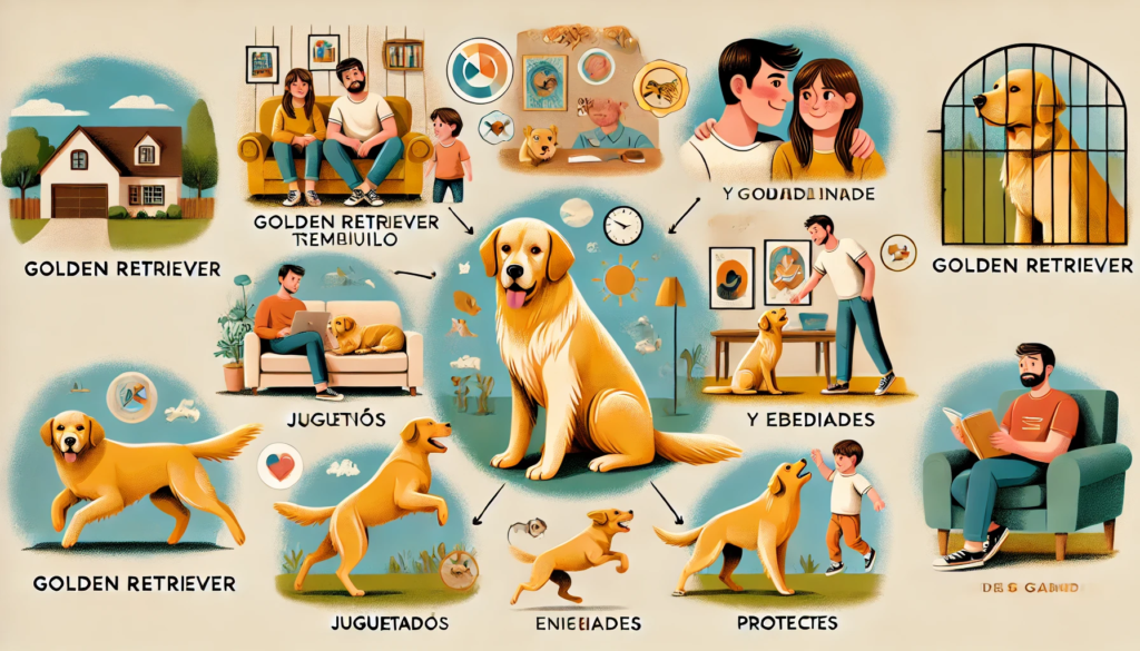 Un collage ilustrativo sobre el temperamento del Golden Retriever, mostrando mitos y realidades. En una parte de la imagen, se muestra un Golden Retriever tranquilo y obediente con una familia, destacando su naturaleza amigable. En otra sección, un Golden Retriever siendo juguetón y enérgico, desmintiendo el mito de que siempre son calmados. También se incluye una escena donde un Golden Retriever ladra o protege su hogar, mostrando que pueden ser guardianes. El diseño es visualmente atractivo, con un fondo claro y elementos gráficos explicativos. La imagen transmite información educativa y divertida sobre el temperamento del Golden Retriever.